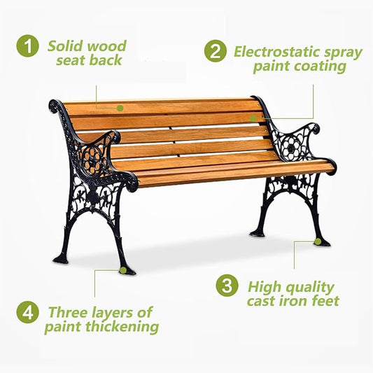 Metal Garden Bench, Cast Iron and Wood Park Bench with Backrest and Armrests, Comfortable Natural Slatted Wood Seat, for Indoor, Outdoor, Patio, Park(A,49 * 22.8 * 30.7"/125 * 58 * 78cm)