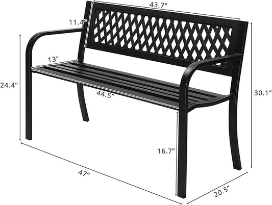 Patio Park Garden Bench Outdoor Metal Benches,550 lbs Cast Iron Steel Frame Chair w/PVC Mesh Pattern - for Park Yard Front Porch Path Yard Lawn Decor Deck Furniture,Black, 1