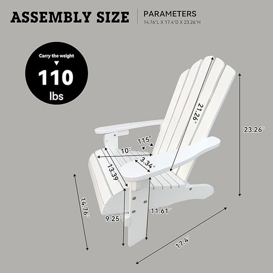 Wood Adirondack Chair, Ergonomic All-Weather Kids Adirondack Chair, Leisure Line Toddler Outdoor Chairs Adirondack Lounge Lawn Chair, Durable Patio Lounge Chair for Garden White
