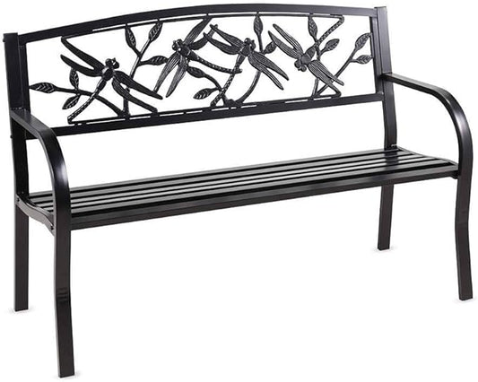 Plow & Hearth Evergreen Garden Weatherproof Dragonfly Outdoor Bench | Holds Up to 300 lbs. | Furniture for Lawn Garden Patio Porch Park Deck | Black