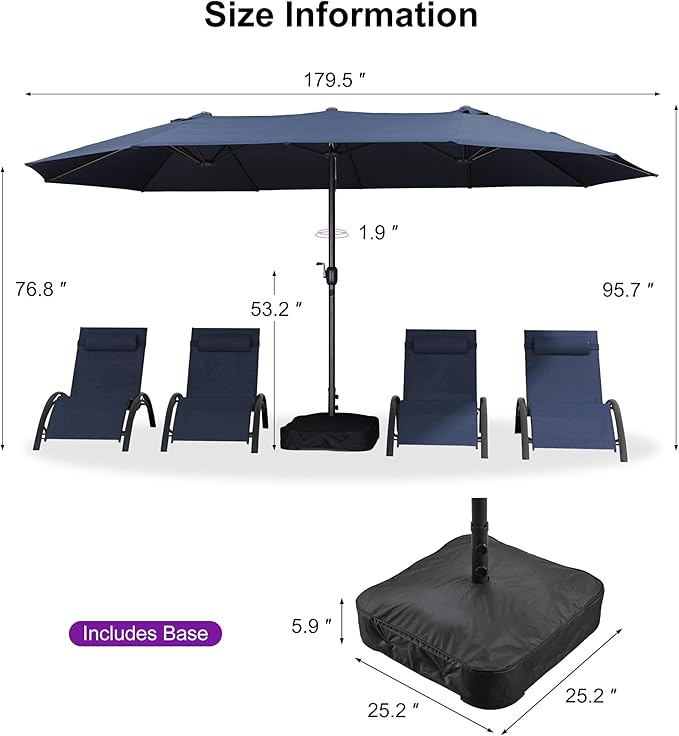 PURPLE LEAF Patio Oversized Chaise Lounge with 15FT Umbrella Outdoor Lounge Chair Beach Pool Sunbathing Lawn Lounger, Base and Side Table Included, Navy Blue