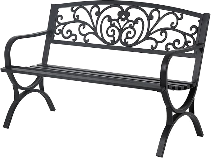 50" Black Metal Garden Bench - 2-Person Outdoor Loveseat with Floral Design, 485 lbs Capacity for Patio, Porch & Yard