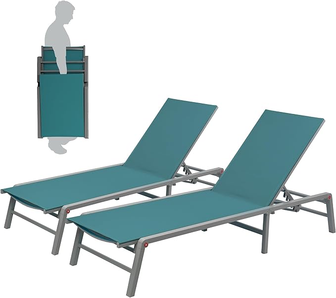Kozyard 2-Pack Outdoor Lounge Chairs, Foldable Aluminum Frame Patio Chaise Lounge with 5-Position Adjustable Backrest, No Assembly, Breathable Textilene Fabric for Poolside Beach (MintGreen, No Table)
