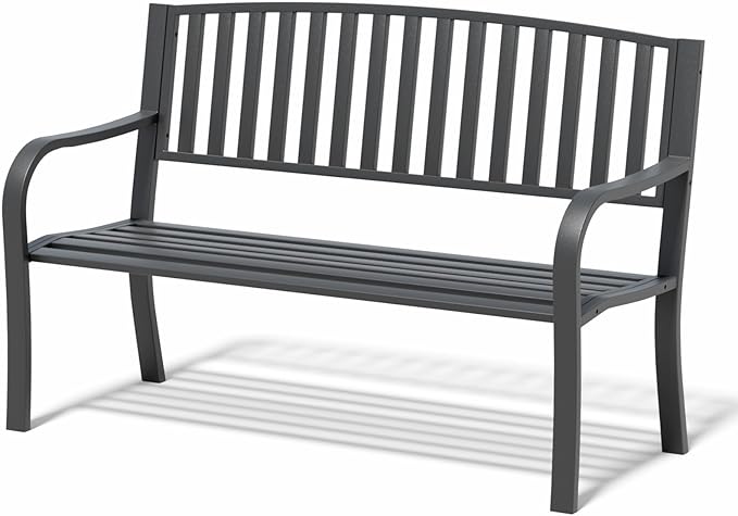 YLGJ&TIDY 50 Inches Garden Benches for Outdoor Patio Bench with Stripe Pattern Backrest Armrest Weatherproof Park Benches Metal Bench for Garden Park Porch Lawn Yard (BENCH08)