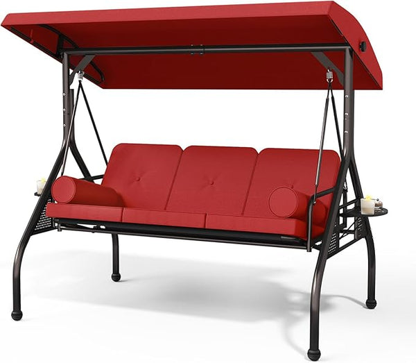3 Seat Outdoor Porch Swing Chair, Adjustable Canopy Swing Bench, Convertible Backrest Swing Bed with Thicken Cushions - Photo 1