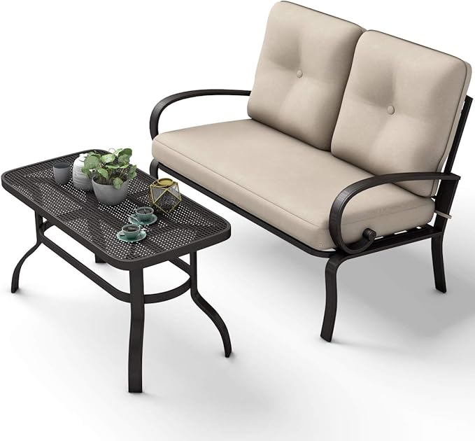 Giantex 2 Pcs Patio Loveseat with Coffee Table Outdoor Bench with Cushion and Metal Frame, Loveseat Furniture Set Sofa for Garden, Yard, Patio or Poolside