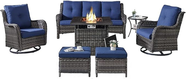 Belord Patio Furniture Set with Fire Pit Table, 7 Piece Wicker Outdoor Furniture Set - Photo 1