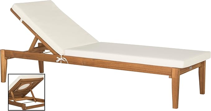 SAFAVIEH Outdoor Collection Montclair Natural Solid Wood/Beige Cushion Adjustable Chaise Lounge Chair (PAT6731A)