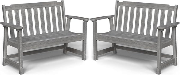 Outdoor Bench, 2-Person HDPE Garden Bench, All Weather Poly Patio Bench for Outdoors, Garden, Backyard, Porch and Park, 660 lbs Weight Capacity, Grey, 2 Pack