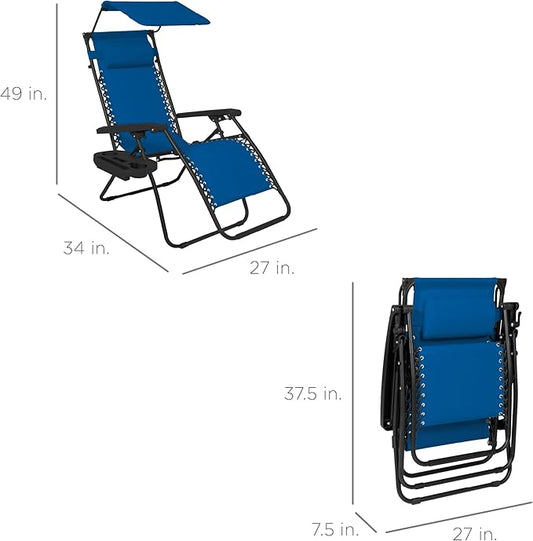 Best Choice Products Folding Zero Gravity Outdoor Recliner Patio Lounge Chair w/Adjustable Canopy Shade, Headrest, Side Accessory Tray, Textilene Mesh - Marine Blue