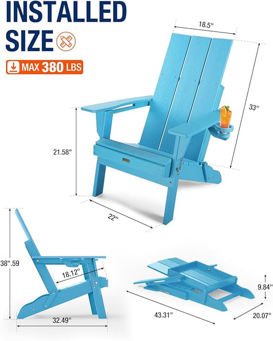 Adirondack Chair with Cup Holder: Folding Adirondack Chairs Plastic HDPE Material Furniture - Modern Composite Fire Pit Chairs Foldable for Outdoor/Backyard/Garden/Lawn/Deck/Porch/Patio