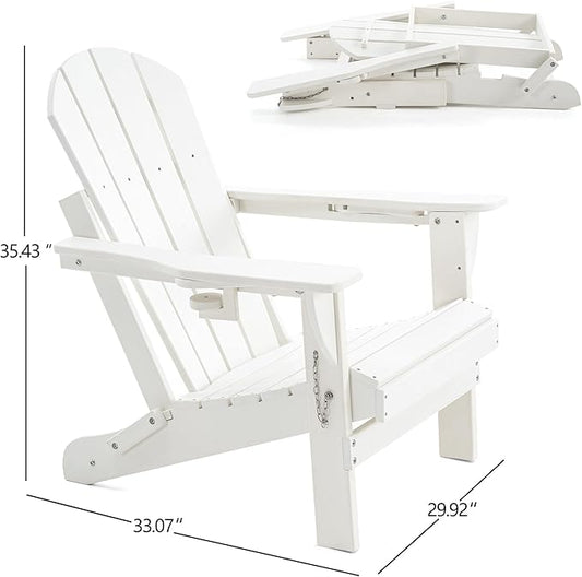 Folding Adirondack Chair, HDPE Outdoor Texture Lawn Chair with Reclining Back, Cup and Phone Holder - Comfortable Firepit Chair Weather Resistant for Patio or Backyard (White, Set of 1)