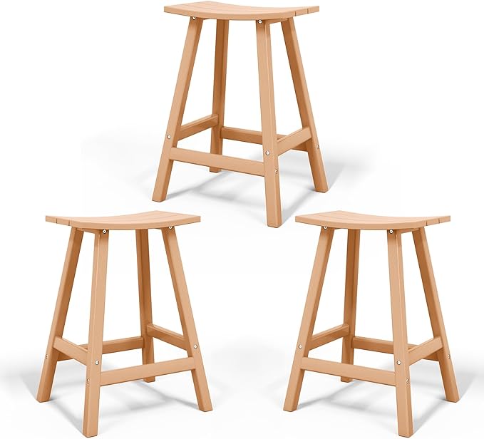 Costaelm All-Weather Bar Stools Set of 3, 29" Height Outdoor Bar Stools, Adirondack Poly Patio Bar Stool for Patio, Deck, Kitchen Counter and Garden, Teak