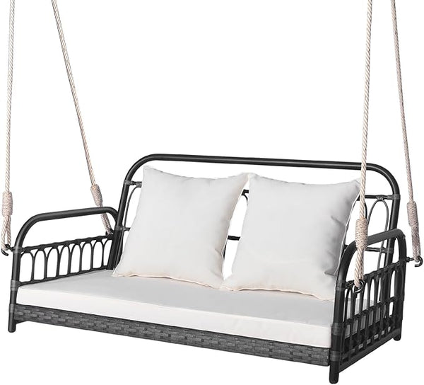 DORTALA 2-Person Porch Swing Outdoor, Patio Wicker Hanging Swing Bench with Cushions, Metal Frame, Ropes - Photo 1