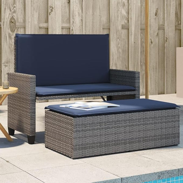 Garden Bench Deck Bench Patio Bench with Cushions and Footstool Gray Poly Rattan - Photo 1