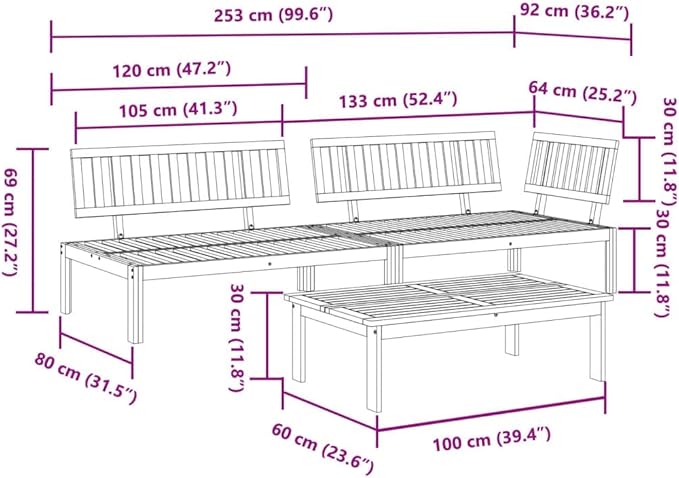 vidaXL 3 Piece Solid Acacia Wood Garden Pallet Sofa Set, Garden Table and Chair Set, Balcony Furniture Set