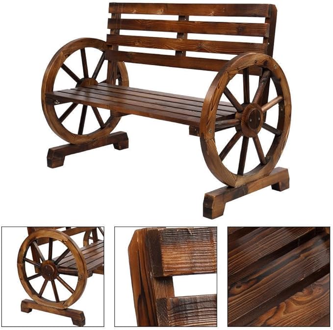 Wooden Wagon Wheel Loveseat Bench - Outdoor Patio Furniture for 2 Persons - Natural Wood Finish