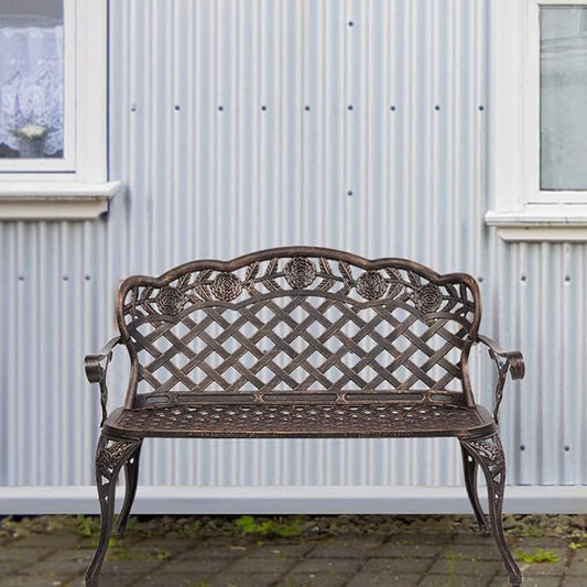 DANGRUUT Best Outdoor Metal Garden Bench, 42.5" Durable Aluminium Park Rose Bench, Antique Finish Chair 2-Person Seat for Patio Yard Deck Furniture, Load Capacity 530lbs, Bronze