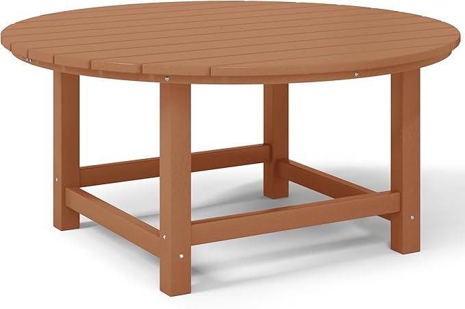 Costaelm Patio Conversation Table, Tatio Accent HDPE Outdoor Weather Resistant, Round Outdoor Porch Balcony Patio Drink Table for Outside, Pool, Backyard, Teak