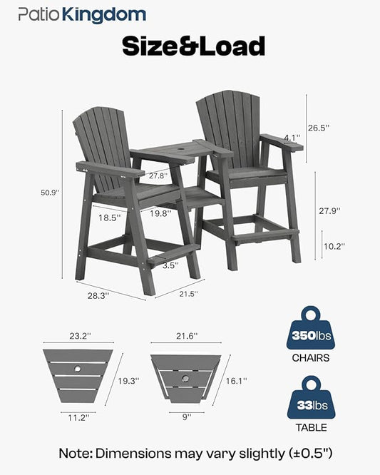 Grey HDPE Tall Adirondack Chair Set of 2 with Beige 11FT Cantilever Umbrella, All-Weather Outdoor Bar Height Chairs with Trays & Umbrella Hole for Balcony