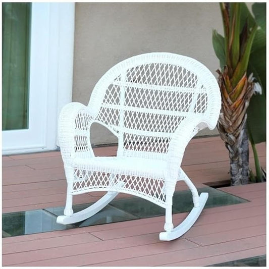 Pemberly Row Outdoor Rocker Wicker Chair, 36" H x 19" W x 30" D, Resin Wicker and Steel Frame, White Finish, Weather-Resistant and Durable Design for Patio or Poolside Relaxation, Fully Assembled
