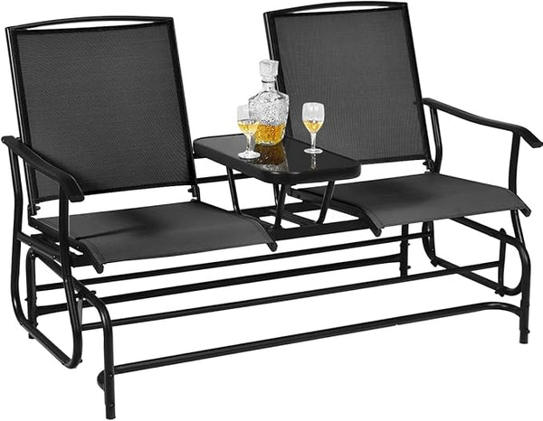 Giantex Patio Bench Glider Chair with Metal Frame, Center Tempered Glass Table - Photo 1