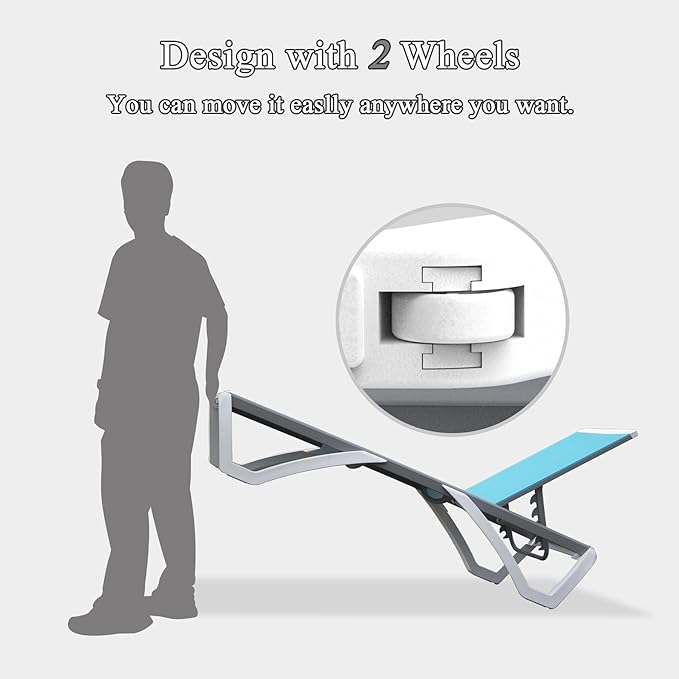 Domi Pool Lounge Chair Aluminum Adjustable Outdoor Chaise Lounge,All Weather Plastic Poolside Lounge Chair with Table for Deck Lawn Backyard, Aqua Textilene