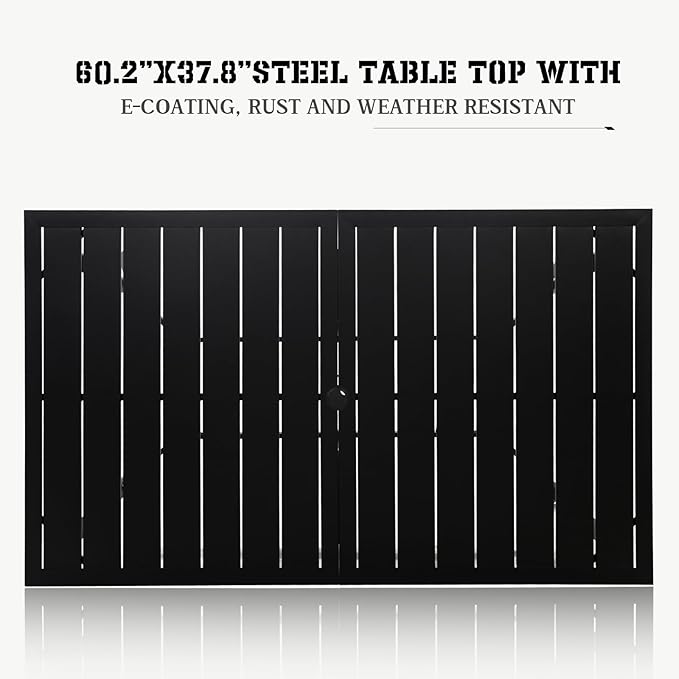 SOLAURA Outdoor Dining Table, 60" x 38" Patio Metal Steel Slat Table for 6-Person with 1.57" Umbrella Hole, for Gardens or Backyards, Black