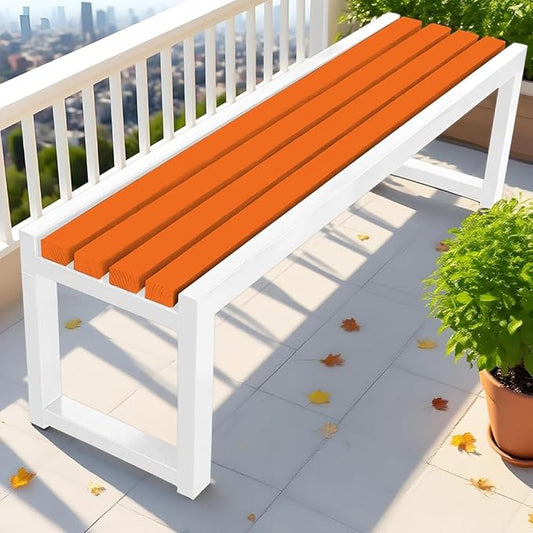 Garden Bench for Outdoors, Weatherproof Patio Bench Wooden Benches 2-Person Backyard Seat Backless Seat with Metal Frame for Park Backyard Entryway 3.3ft 3.9ft 4.9ft 5.9ft(Orange White,3.93ft)