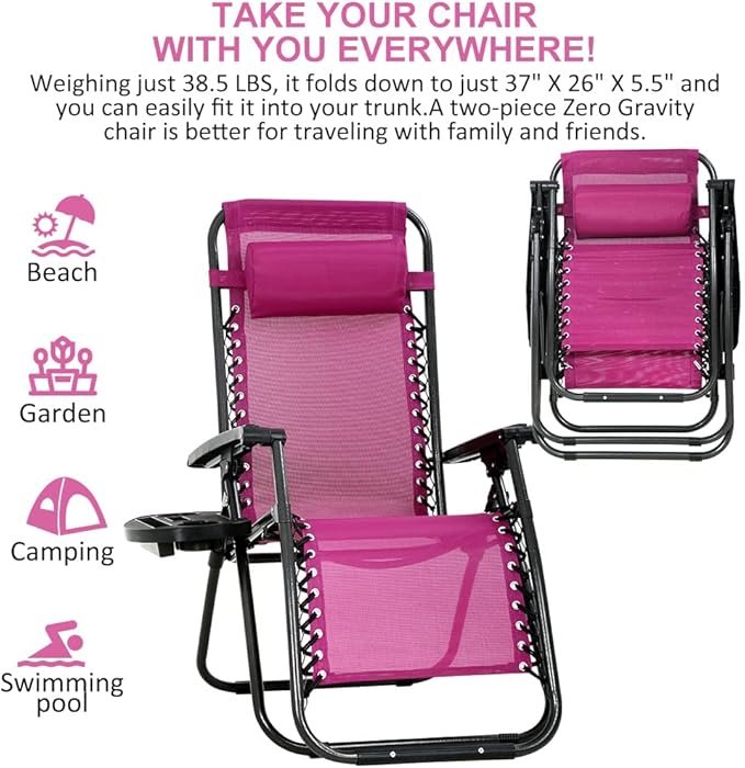 Zero Gravity Chair Patio Chair Lounge Chair Chaise Set of 2 Outdoor Folding Adjustable Recliner Chair with Cup Holder Tray and Pillows for Patio, Pool, Beach, Lawn, Deck, Yard - Red