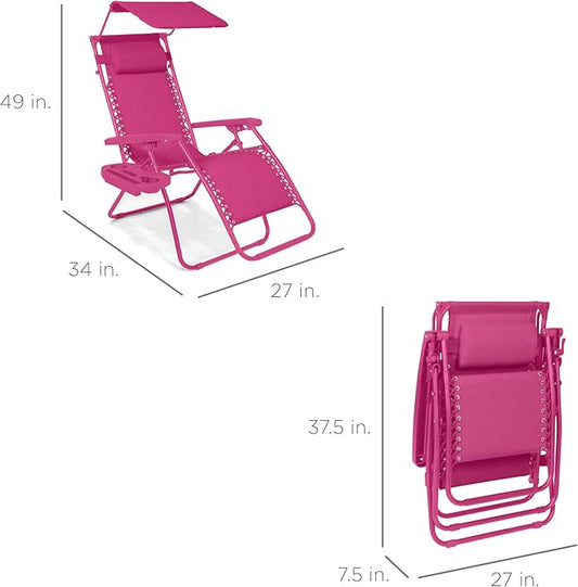 Best Choice Products Folding Zero Gravity Outdoor Recliner Patio Lounge Chair w/Adjustable Canopy Shade, Headrest, Side Accessory Tray, Textilene Mesh - Hot Pink