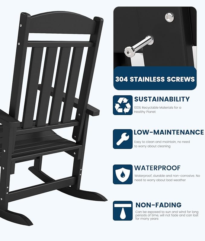 FOOWIN Outdoor Rocking Chair Set of 2, High Back Patio Rocking Chair, HDPE All Weather Resistant Porch Rocker for Adult, Oversized Rocking Chairs for Garden, Lawn, Indoor & Outdoor Use, Black