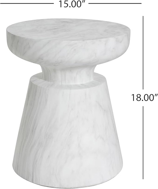 Christopher Knight Home Jayme 15"Indoor Outdoor Accent Side Table, Lightweight Concrete End Table, Travertine Round Tabletop, Easy Move, Decorative Garden Stool for Poolside Balcony Living Room, White