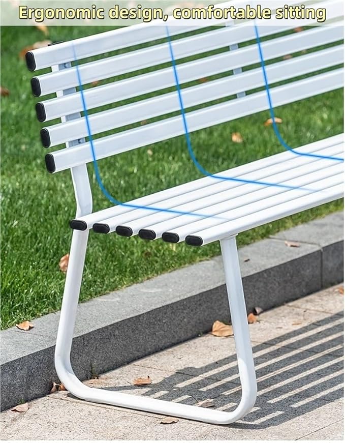 Modern Metal Garden Bench, Weatherproof Colorful Outdoor Bench, Sturdy Steel Frame Long Chair for Park, Lawn, Yard, Porch(White,59.1in)