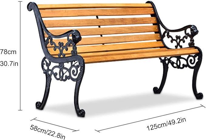 Garden Bench, Cast Iron Metal Frame Patio Park Bench, Wrought Iron Bench with Backrest and Armrests, Patio Bench with Wood Seat, Outside Furniture Decor, for Lawn, Park, Deck(Brown)