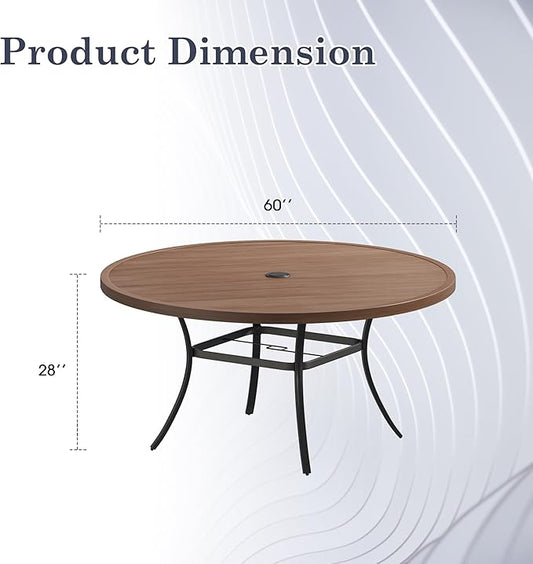 Outdoor Dining Table for 8, 60" Round Outdoor Table with Adjustable Umbrella Hole, All-Weather Metal Patio Dining Table for Lawn Garden Backyard Deck, Walnut