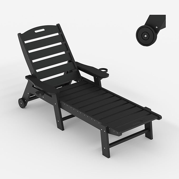 HDPE 5-Position Outdoor Chaise Lounge Chair with Cup Holder and Wheels, Resin Pool Lounge Chair for Outside, Adjustable HDPE Patio Loungers for Poolside, Patio, and Garden, Black