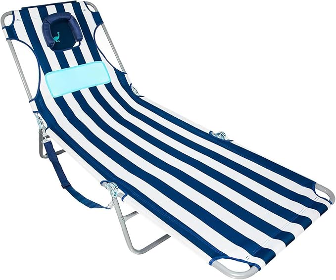 Ostrich the Ladies Comfort Lounger with Chest Support, Foldable & Portable Reclining Outdoor Patio Beach Lawn Camping Pool Tanning Chair, Blue Stripe