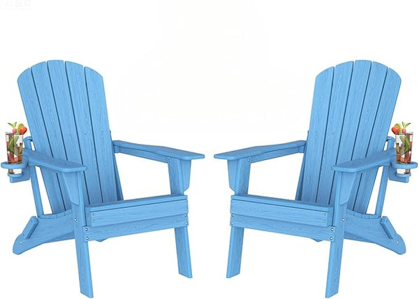 Plawdlik Folding Adirondack Chair Set of 2 with Cup Holder, Heavy All-Weather, Wooden Textured, HDPE Outdoor Chairs - Photo 1