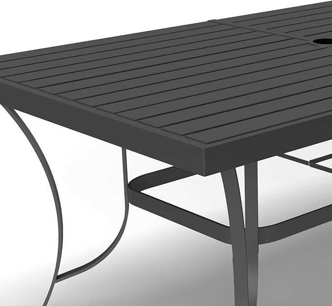 Four Seasons Courtyard Palermo Slat Top Table with Aluminum and Powder Coated Frame and Umbrella Hole for Outdoor Dining Tables, Gray