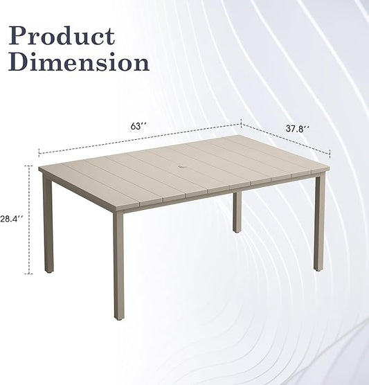 Outdoor Dining Table for 6, 63" Rectangle Outdoor Table with Adjustable Umbrella Hole, All-Weather Metal Patio Dining Table for Lawn Garden Backyard Deck, Sandshell
