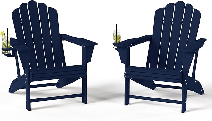 Costaelm Lakeview Outdoor Patio HDPE Adirondack Chairs with Cup Holders (Set of 2), Navy Blue