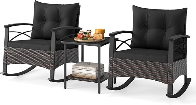 ORALNER 3-Piece Wicker Rocking Chair Set, Outdoor Cushioned Rocker and Acacia Wood Side Table, 400lbs Capacity, PE Rattan Patio Conversation Bistro Set for Porch, Garden, Deck, Poolside, Yard (Black)