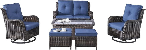 Rilyson Wicker Patio Furniture Set - 6 Piece Rattan Outdoor Sectional Conversation Sets with 2 Swivel Rocking Chairs - Photo 1