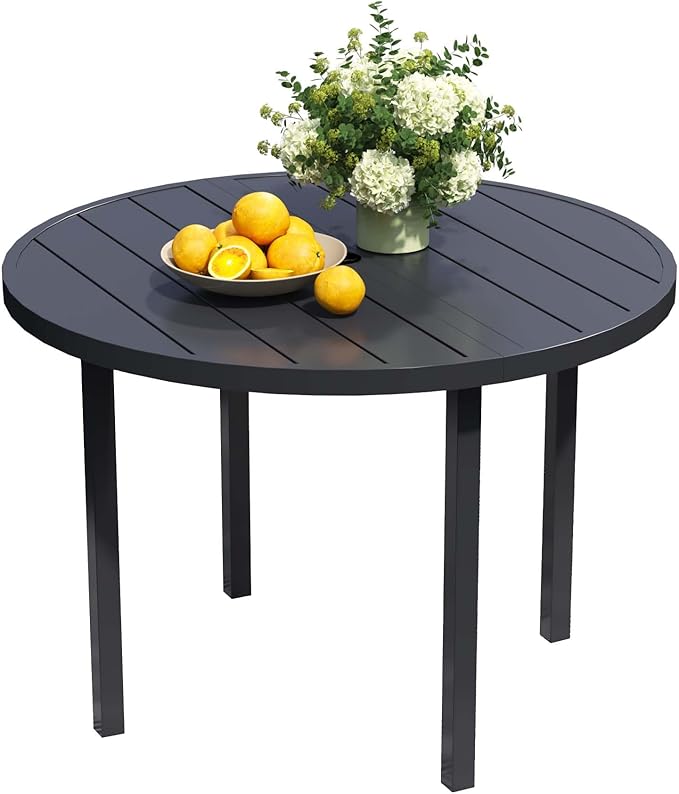 All-Weather 42" Round Outdoor Patio Table for 4, Metal Black Dining Table with Adjustable Umbrella Hole, Garden, Backyard & Deck Bistro Table