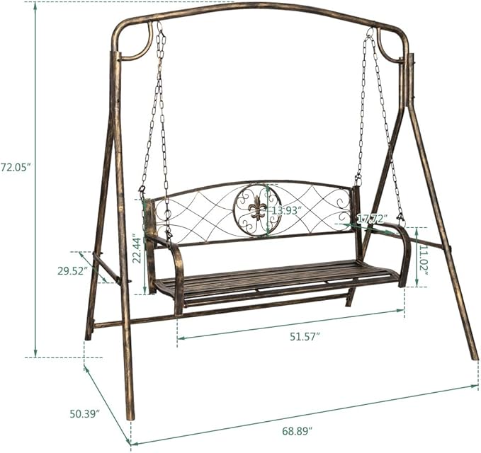 Porch Swing Hanging Bench Metal Porch Swing Outdoor Patio Furniture Iron Swing Chair Heavy Duty Steel Black Porch Swing Hanging Chair Porch Swings for Garden, Yard, Deck, Backyard(Not Included Stand)