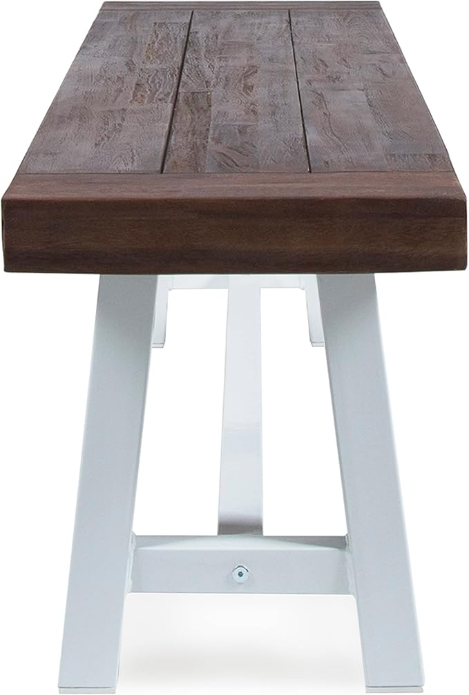 Outdoor Bench Set of 2 - Modern Industrial Acacia Wood Patio Benches, Weather-Resistant Powder-Coated Metal Frame & Slat Design, Backyard Garden Seating (63" W Each) (Brown White)