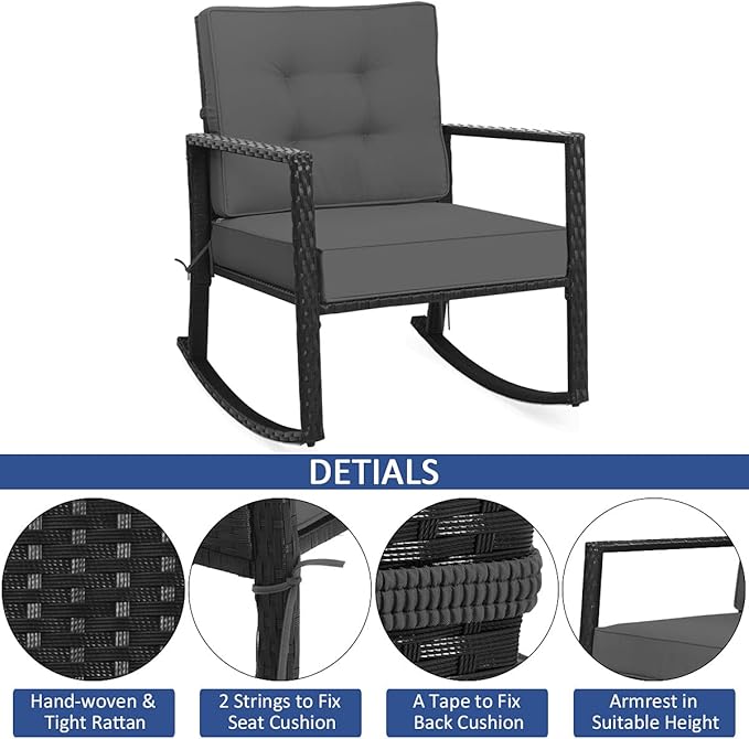 HAPPYGRILL Wicker Rocking Chair, Outdoor Patio Glider Chair with Heavy-Duty Frame, Thick Cushion, Rattan Rocking Chair for Backyard Garden Porch