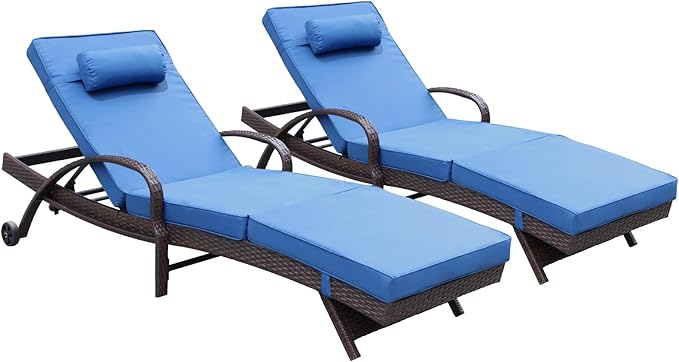 NOBLEMOOD Outdoor Lounge Chairs Set of 2 Beach Wicker Chaise Lounge with Wheels, Cushion, Adjustable Backrest for Outside Pool Sun Shelf Tanning Bathing (Blue)