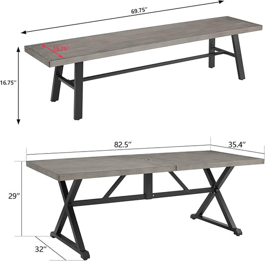 Ulax furniture Outdoor Dining Set, Patio Furniture Table with 1 Rectangular Table and 2 Benches, Wood-Like Dining Set for Garden, Porch, Backyard
